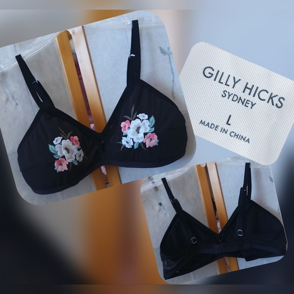 Gilly Hicks Black Bralette with Floral Embroidery Size Lg (Nwots)